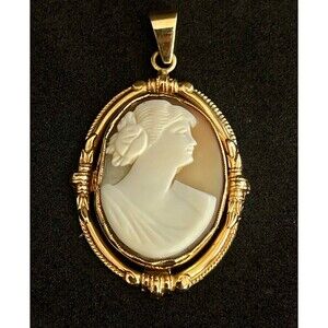 ESEMCO 10K Gold Carved Shell Cameo Pendant 1.5" Authentic Vintage Shiman Mfg. Co